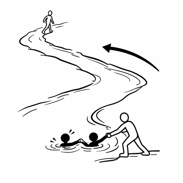 Single-panel line illustration of a winding river. In the lower section a figure pulls drowning people from the water. Upstream, a second figure walks toward the river's source. A curved arrow points upstream.